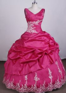 Flirty V-neck Floor Length Hot Pink Quinceanera Dresses with White Embroidery