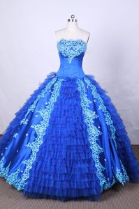 Blue Sassy Strapless Quinceanera Dress with Appliques and Beads to Floor Length