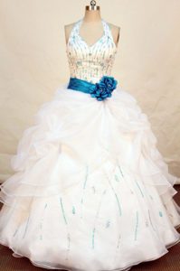 Top Halter Top Quinceanera Dresses with Blue Handmade Flowers Sash in White