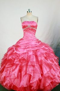 Cute Strapless Hot Pink Dress for Quinceanera with Ruching and Beads in Organza