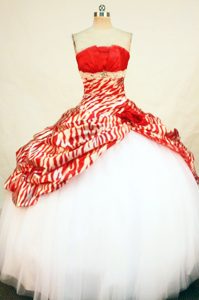 Fitted Red and White Strapless Beading Quinceaneras Dress in Organza and Zebra
