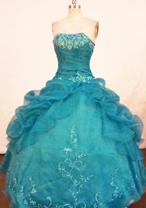 Impressive Strapless Quinceanera Dresses Teal with White Embroidery in Organza