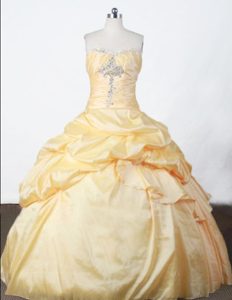 Amazing Strapless Ruching Quinceaneras Dress with Appliques in Yellow in