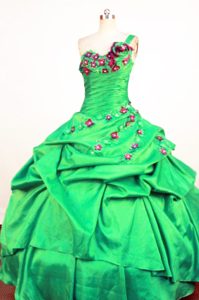 Perfect Green One Shoulder Sweet Sixteen Quinceanera Dresses with Red Flowers
