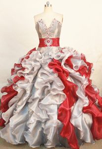 Trendy Silver and Red V-neck Beading Quinceanera Dresses with Ruffles and Sash