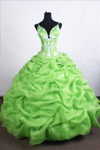 Turn Heads Straps Long Spring Green Dress for Quinceaneras with Flowers