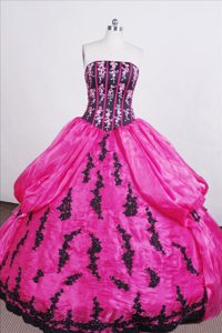 Hot Pink Stunning Strapless Lace Up Quinces Dresses with Black Appliques