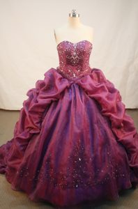 Strapless Lace Up Wine red Embroidery Quinceaneras Gowns with Sweep Train