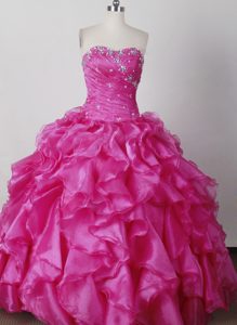 Exquisite Hot Pink Beaded Sweetheart Quinceanera Gown with Ruffles in Organza