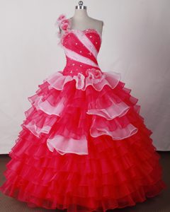 Wholesale Price One Shoulder Quinceanera Dresses in White and Red in Organza