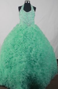 Halter Top Green Graceful Quinceanera Dresses with Rolling Flowers with Beading