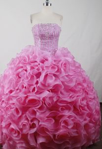 Wonderful Strapless Long Pink Dress for Quinceaneras with Rolling Flowers