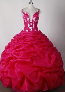 Unique Ball Gown Straps Long Hot Pink Dress for Quinceanera with Flower