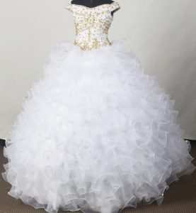 Dazzling Off The Shoulder Quinceanera Dresses with Ruffles in White with Beading