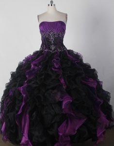 Noble Strapless Quince Dress in Purple and Black with Ruffled Layers in Organza