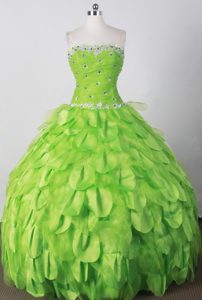 Modest Strapless Long Spring Green Quince Dresses with Petals and Beads