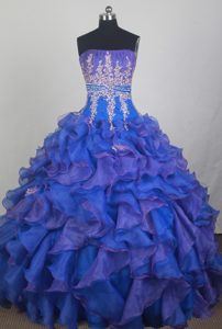 Exclusive Strapless Blue Beaded Quinceanera Gown Dress with Ruffled Layers