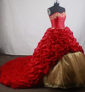 Strapless Red Quinceanera Dress with Pick-ups and Chaplr train on Promotion