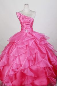 Luxurious One Shoulder Hot Pink Quinceanera Dresses Beaded for Custom Made