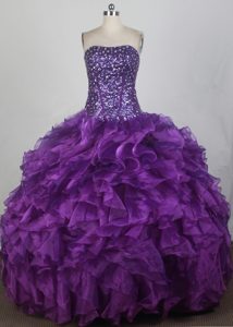 Beaded Eggplant Organza Dress for Quince with Hand Made Flower in Purple