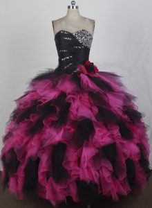 Red and Black Organza Sweet Sixteen Dress with Beading and Handle Flower