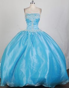Baby Blue Ball Gown Organza Sweet 16 Dresses with Beading and Strapless