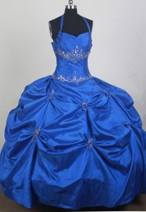 Appliqued and Beaded Blue Halter Top Quinceanera Gown Dress in Taffeta