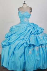 Strapless Quince Dresses in Baby Blue with Appliques and Beading in Taffeta