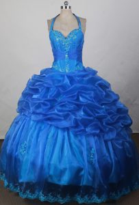 Blue Appliqued and Beaded Halter Top Quinces Dresses in Organza on Sale