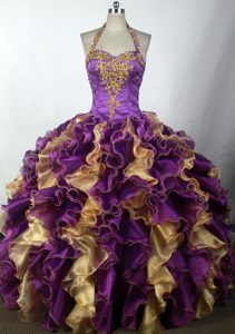Beaded and Appliqued Halter Top Purple Quinceaneras Dresses in Organza