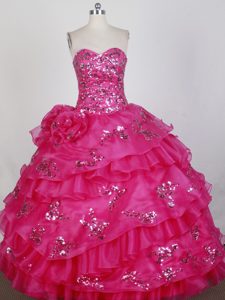 Beautiful Strapless Red Quinceanera Dress with Sequins and Flowers