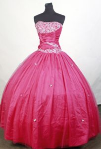 Appliqued and Beaded Strapless Sweet 16 Dress in Hot pink on Promotion