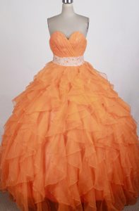 Orange Sweetheart Dress for Quince with Appliques and Beading in Organza