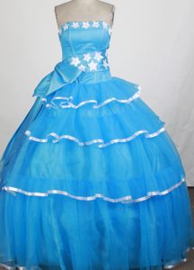 Appliqued and Beaded Aqua Blue Strapless Sweet 16 Quinceanera Dresses