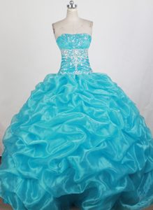 Appliqued and Beaded Aqua blue Strapless Quince Dresses on Sale