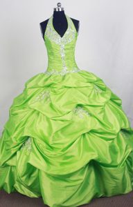 Spring Green Halter Dress for Quince with Appliques and Beading in Taffeta