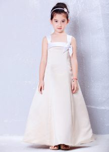New Champagne A-line Square Ankle-length Flower Girl Dress with Bows