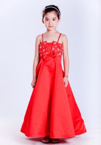 Red A-line Straps Ankle-length Beaded Flower Girl Dress for Custom Made