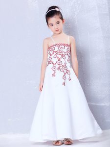 White A-line Straps Ankle-length Satin Flower Girl Dress with Embroidery on Sale