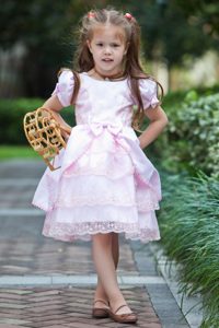 Baby Pink A-line Scoop Tea-length and Lace Flower Girl Dress with Bow