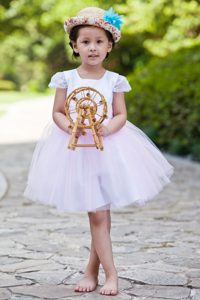 White and Pink Ball Gown Scoop Knee-length and Tulle Flower Girl Dress