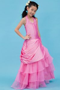 Bright Halter Top Organza and Beaded and Ruched Flower Girl Dresses
