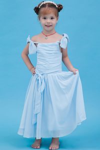Popular Baby Blue A-line Straps Ankle-length Chiffon Ruched Litter Girl Dress