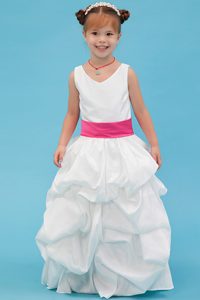 White A-line V-neck Ankle-length Flower Girl Dress with Pick-ups on Sale