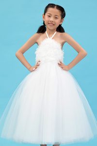 New White A-line Halter Top Ankle-length Tulle Flower Girl Dress with Appliques