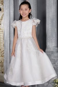 White Scoop Ankle-length Flower Girl Dress in Organza and Lace on Sale