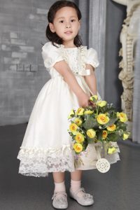 Off White A-line Scoop Flower Girl Dress in Tea-length for Wholesale Price