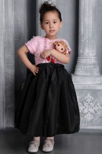 Cute Sheath Scoop Ruffed Tea-length Flower Girl Dress in Pink and Black