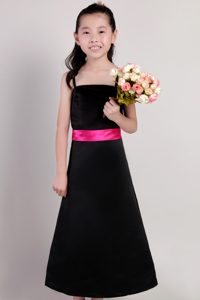 Black A-line Straps Ankle-length Cute Flower Girl Dress with Sash