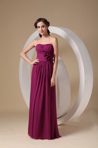 Strapless Long Dark Purple Ruched Chiffon Dama Dress with Flower